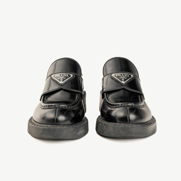 Prada Nero Spazzolato Leather Triangle Logo Loafers - Picture 3 of 12